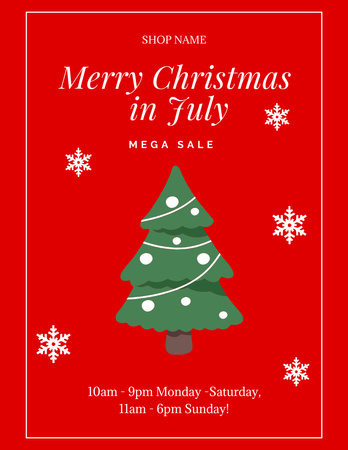 July Christmas Sale with Cute Christmas Tree in Red Flyer 8.5x11in Design Template