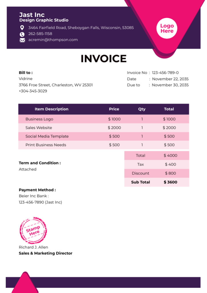 Platilla de diseño Design Studio Services Payment Info Invoice