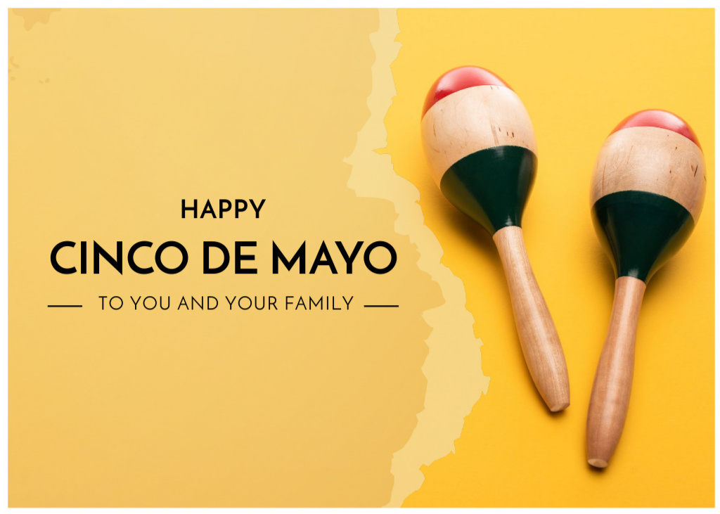 Plantilla de diseño de Festive Cinco de Mayo Greeting With Maracas In Yellow Postcard 5x7in 