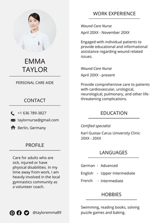 Personal Care Aide Skills and Experience Specialist Resume Design Template