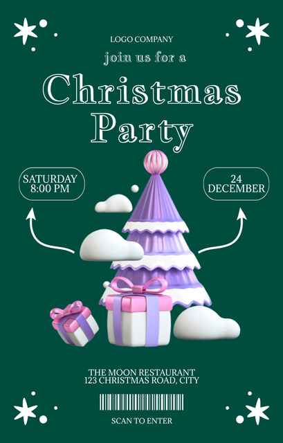 Christmas Celebration Announcement with 3d Tree and Presents on Green Invitation 4.6x7.2inデザインテンプレート