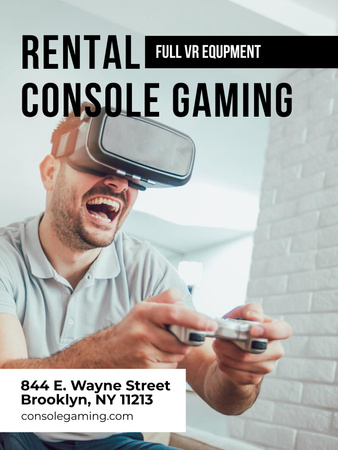 Ontwerpsjabloon van Poster US van Aankondiging gameconsoleverhuur met man in VR-bril