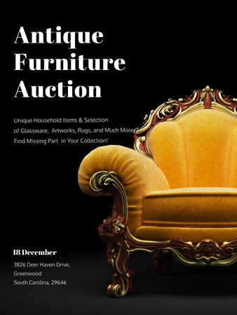 Antique Furniture Auction Luxury Yellow Armchair Poster US – шаблон для дизайна