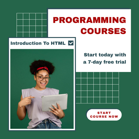 Plantilla de diseño de Anuncio de cursos de programación para principiantes con período de prueba gratuito Instagram AD 