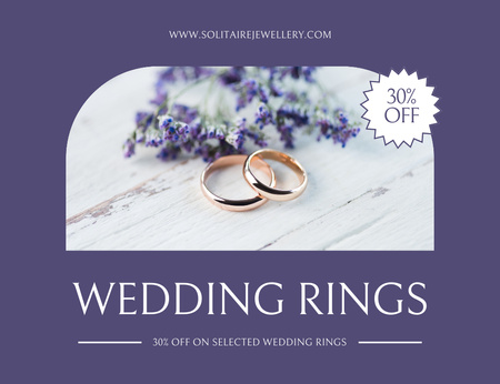 Dva zlaté snubní prsteny a fialové květy Thank You Card 5.5x4in Horizontal Šablona návrhu
