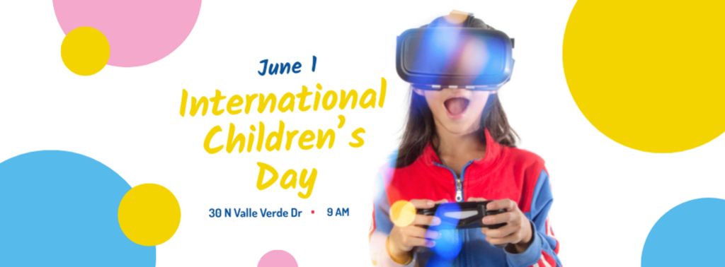 Modèle de visuel Girl playing vr game on Children's Day - Facebook cover