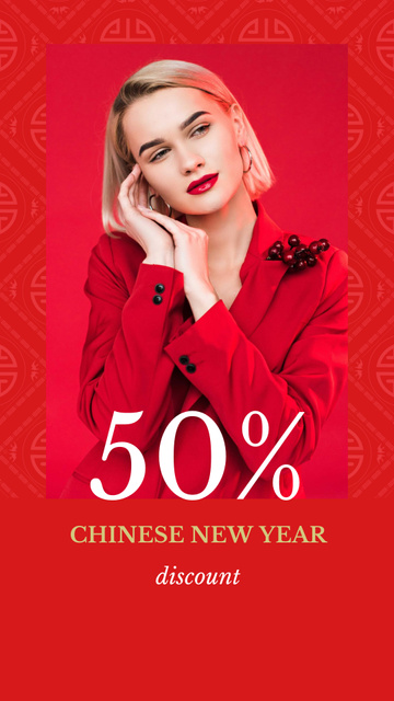 Chinese New Year Offer with Woman in Red Outfit Instagram Story Modelo de Design