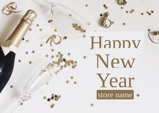 New Year Greeting Champagne Bottle Postcard Design Template