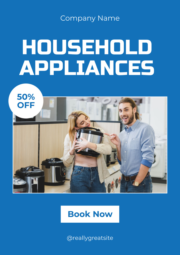 Happy Couple Buys Household Appliances Blue Poster Design Template