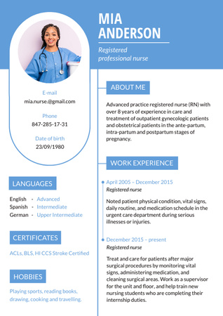 Szablon projektu Umiejętności i doświadczenie pielęgniarki w pracy z kobietą w mundurze Resume