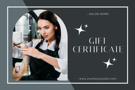 Hairdresser Trimming Ends of Hair in Beauty Salon Gift Certificate Design Template