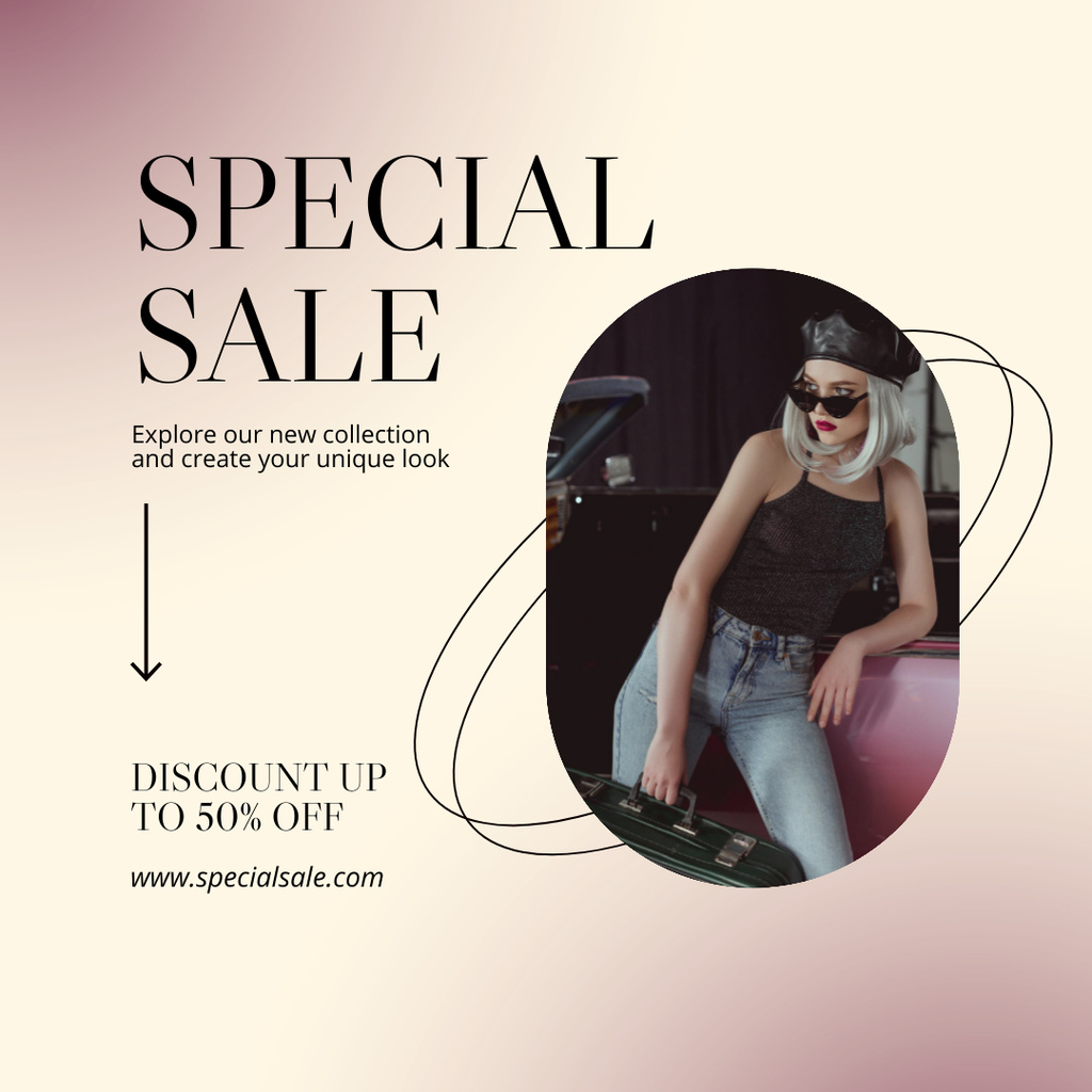 Special Sale Announcement with Woman in Stylish Beret Instagram Modelo de Design
