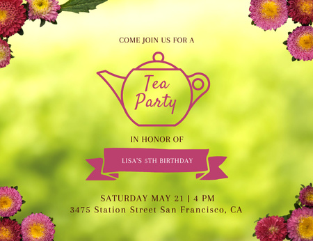 Announcement Of Birthday Tea Party With Flowers Invitation 13.9x10.7cm Horizontalデザインテンプレート