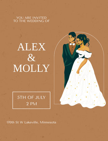 Wedding Day Notification with Newlyweds on Brown Invitation 13.9x10.7cm Design Template