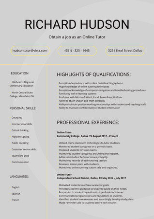 Online Tutor Skills and Experience Resume tervezősablon