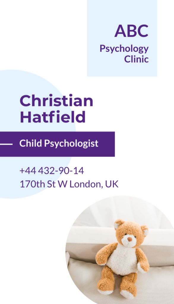 Template di design Child Psychologist Ad with Teddy Bear Business Card US Vertical