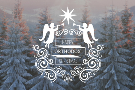 Happy Orthodox Christmas with Angels over Snowy Trees Postcard 4x6in Design Template