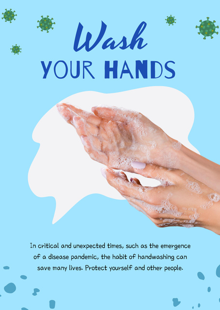 Template di design Blue composition with hands in soap,viruses and text Poster