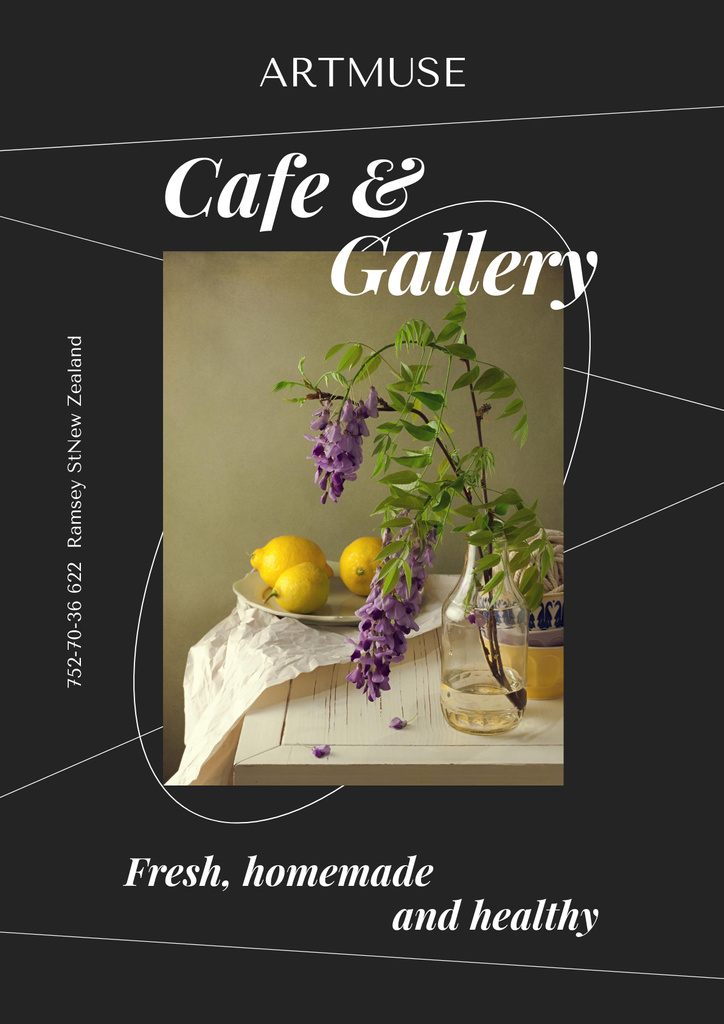 Ontwerpsjabloon van Poster van Scrumptious Cafe and Art Gallery Promotion With Slogan In Black