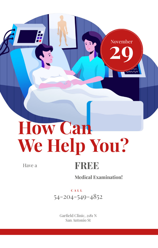Doctor Supporting Patient In Hospital With Free Exam Invitation 4.6x7.2in Design Template