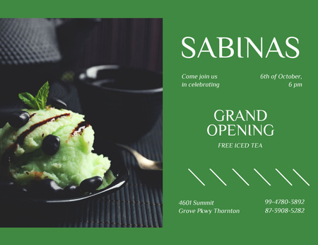 Green Ice-Cream At Cafe Opening Invitation 13.9x10.7cm Horizontal Design Template