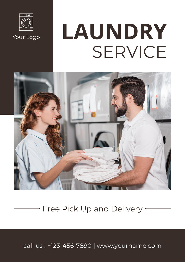 Laundry Service Offer with Young Man and Woman Poster Design Template