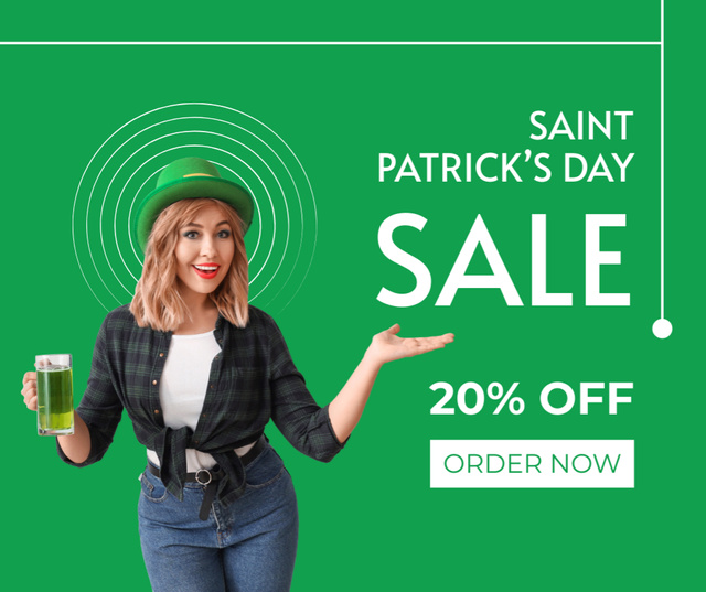 Platilla de diseño St. Patrick's Day Sale Announcement with Young Attractive Woman Facebook