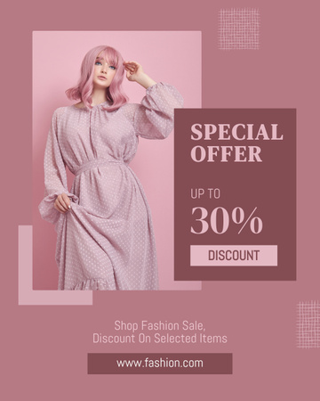 Специальное модное предложение с женщиной в розовом платье Instagram Post Vertical – шаблон для дизайна