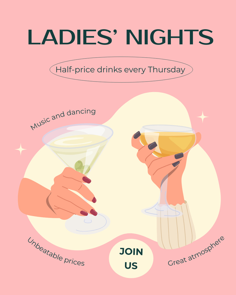 Special Offer Discounts on Cocktails on Lady's Night Instagram Post Verticalデザインテンプレート