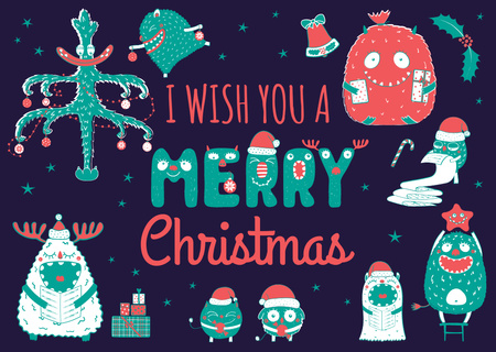 Merry Christmas Wishes with Funny Monsters Postcard Design Template