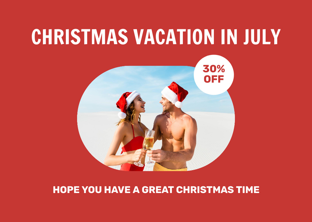 July Christmas Travel Discount with Young Couple on Red Flyer A6 Horizontal Design Template