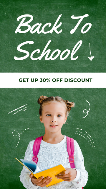 Szablon projektu School Supplies Sale with Little Schoolgirl on Green Instagram Story