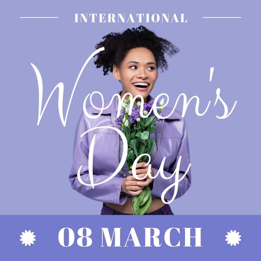 Women's Day Celebration with Woman holding Purple Flowers Instagram Tasarım Şablonu