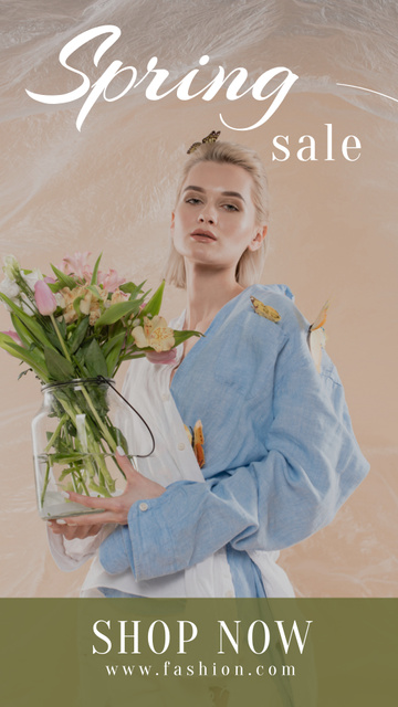Spring Sale with Beautiful Blonde Woman with Flowers Instagram Story Πρότυπο σχεδίασης