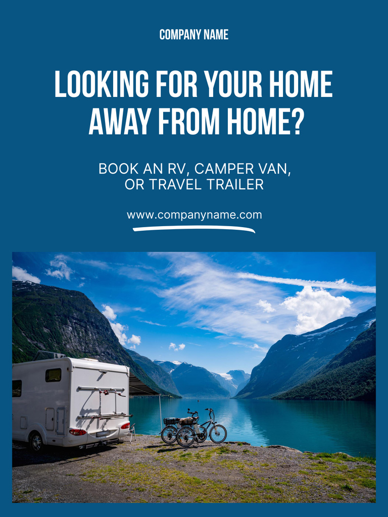 Travel Trailer Rental Offer with Mountain Lake Poster 36x48in Šablona návrhu