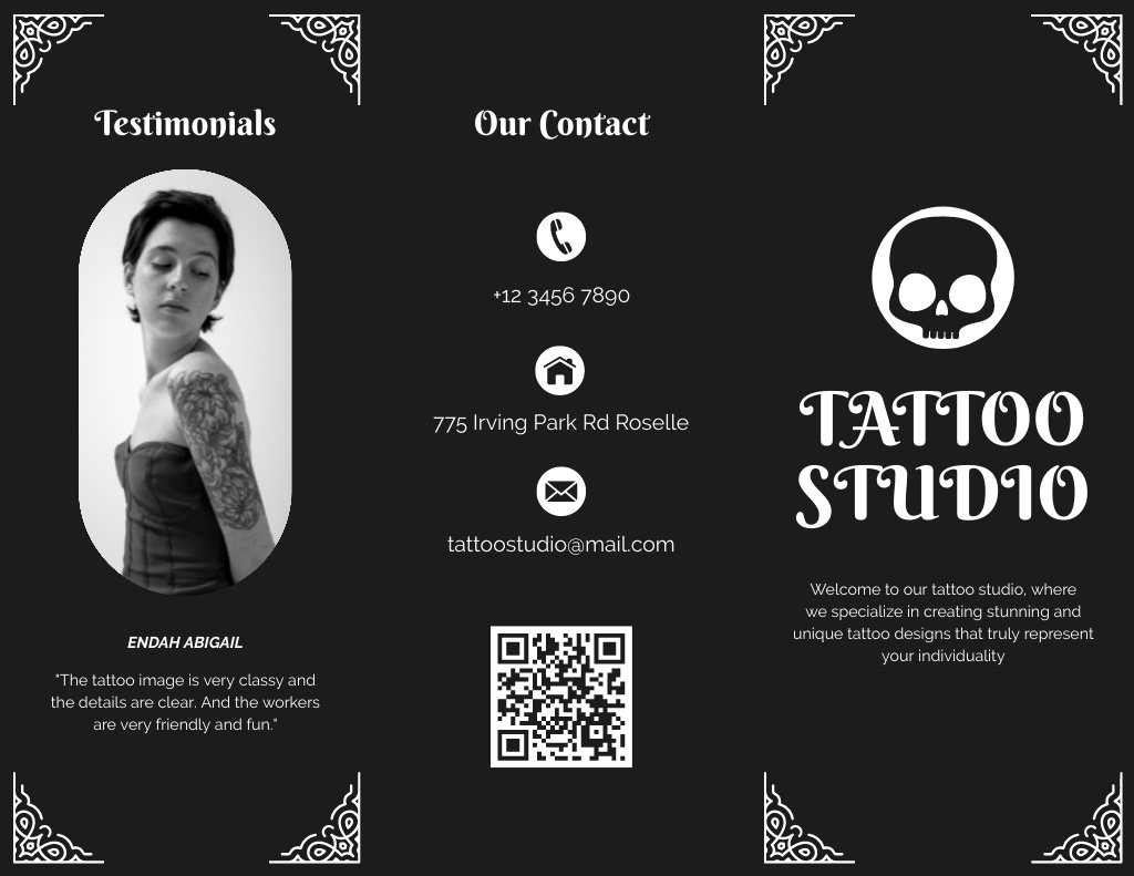 Designvorlage Tattoo Studio Promotion With Testimonial für Brochure 8.5x11in