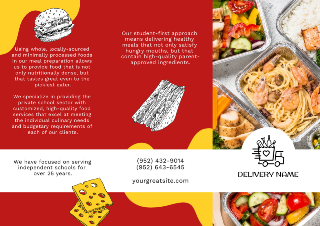 Ontwerpsjabloon van Brochure van Delicious School Food Ad with Lunch Boxes And Delivery