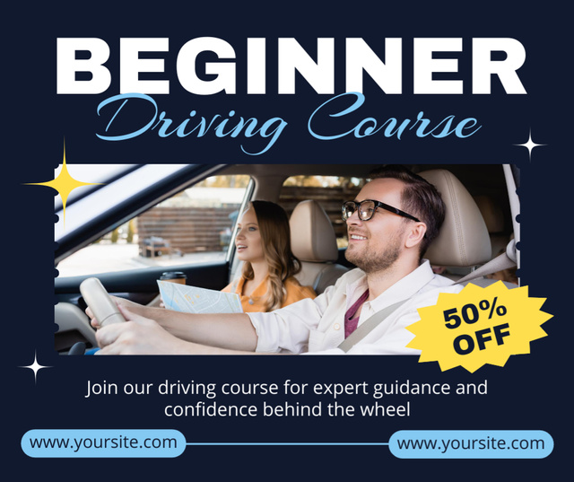 Designvorlage Beginner Driving Course With Discounts And Guidance Offer für Facebook
