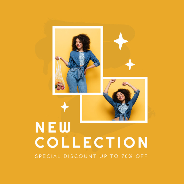 Designvorlage Sale Announcement with Smiling Young Woman in Yellow für Instagram