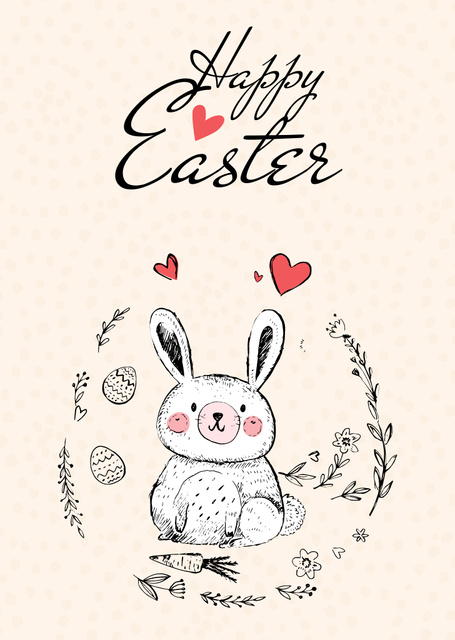 Easter Greeting With Cute Bunny Postcard A6 Vertical Design Template