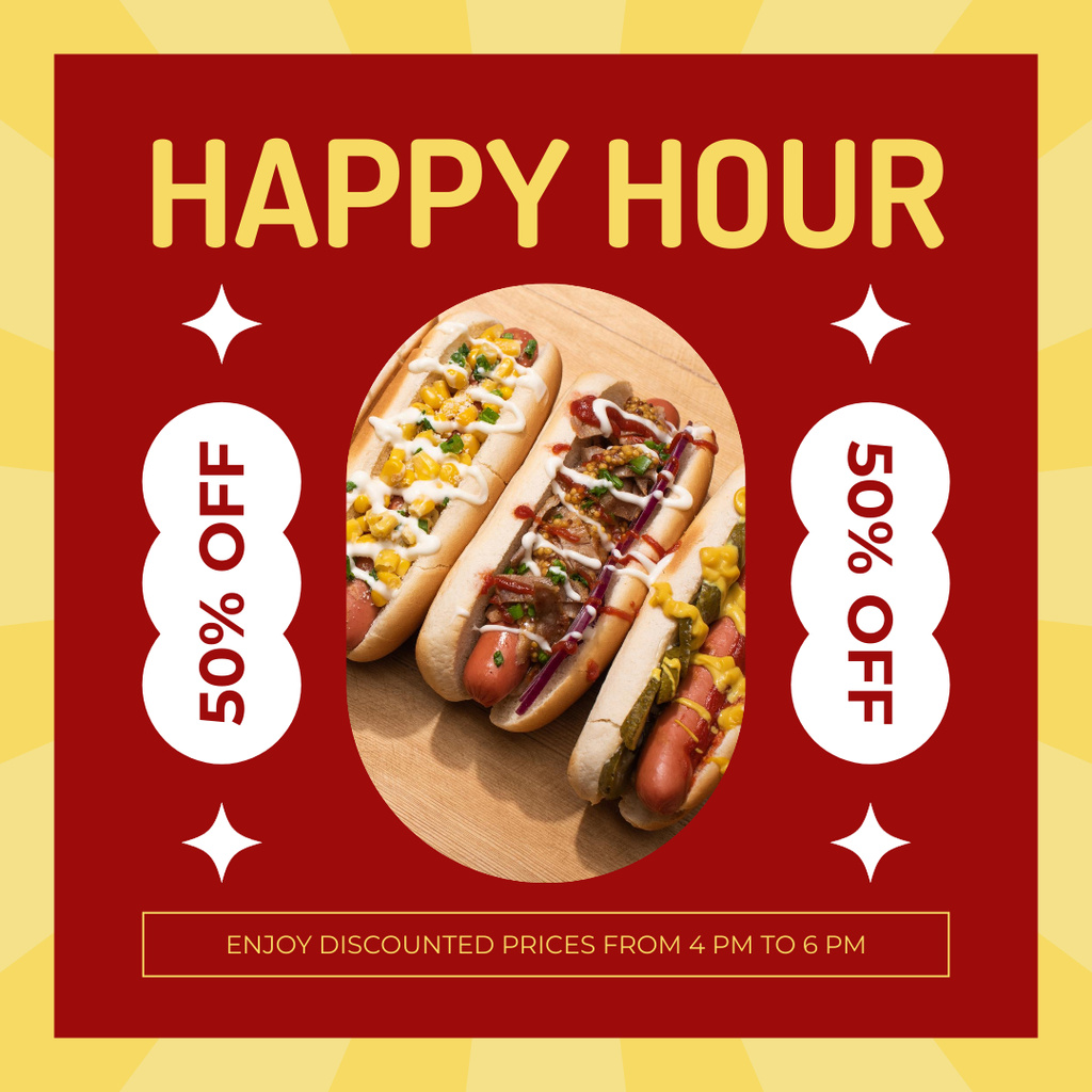 Happy Hour Ad with Discount on Hot Dogs Instagram Tasarım Şablonu