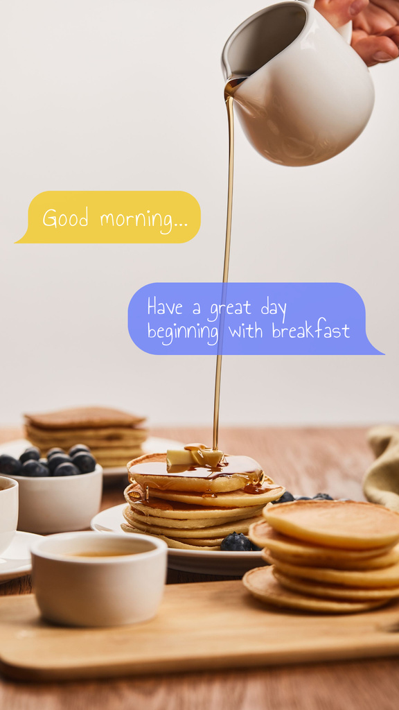 Sweet Pancakes with Honey and Blueberries for Breakfast Instagram Story Šablona návrhu