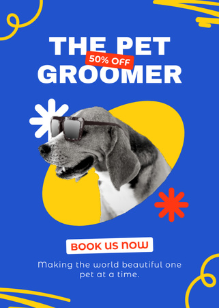 Designvorlage Anzeige für Tierpflegedienste mit Hund auf Blau für Flayer
