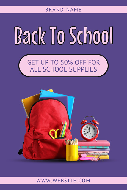Discount Announcement for All School Supplies on Purple Pinterest tervezősablon