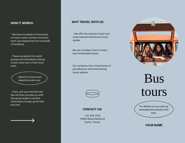Ontwerpsjabloon van Brochure 8.5x11in van Bus Travel Tours Offer with People in Car