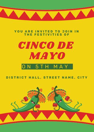 Cinco de Mayo Ad with Two Peppers in Sombrero in Yellow Invitation Modelo de Design