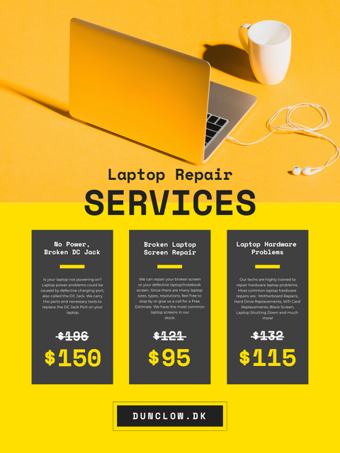 Gadgets Repair Service Offer with Laptop on Yellow Poster USデザインテンプレート