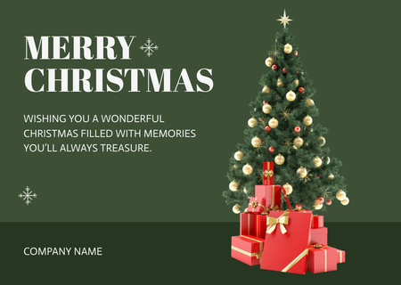 Merry Christmas Greeting Card with Christmas Tree and Gifts Card Design Template