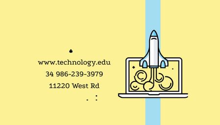 Template di design scuola di tecnologia con lancio razzo dal computer portatile Business Card US