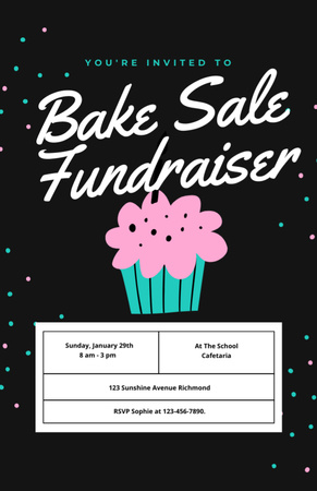 Bake Sale Fundraiser With Cupcake In Black Invitation 5.5x8.5in Design Template